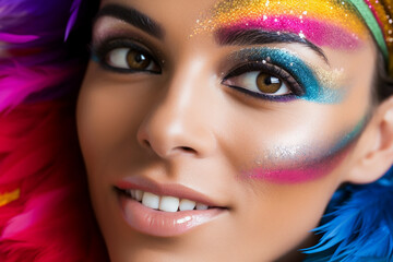 Closeup macro generative ai woman eye. Look with colorful rainbow pattern makeup. Pride face wallpaper