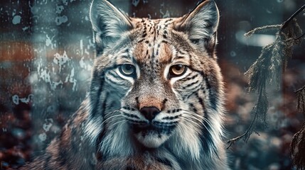 Obraz premium Double exposure lynx. Generative AI