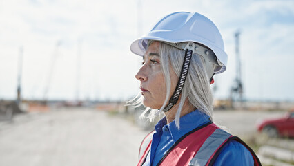 Middle age grey-haired woman builder standing with relaxed expression at street