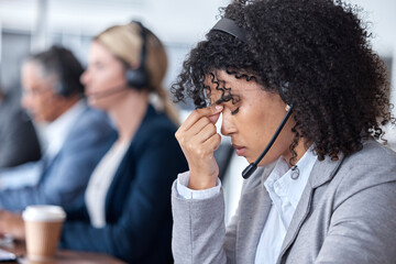 Headache, tired or woman in call center with burnout, head pain or overworked in crm communication....