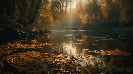 Forest lake. Golden autumn. Generative AI