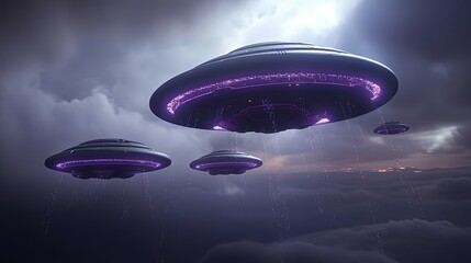 Fototapeta na wymiar Futuristic alien spaceship in the clouds. Generative AI