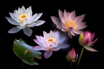 Obraz na płótnie Canvas abstract lotus flowers on dark background with white suitable for wallpaper. colorful flower white pink and purple flower lotus. Illustration. Generative AI.