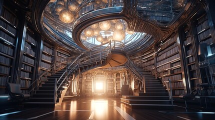 Futuristic fantasy library. Generative AI - obrazy, fototapety, plakaty