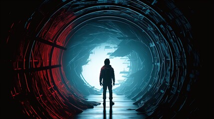 Person in front of rabbit hole. Portal. Generative AI