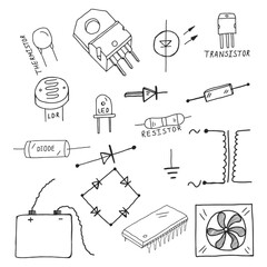 Set of details of microelectronics circuits. Vector black and white illustration