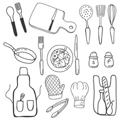 Kitchen appliances. Cookware. Cooking dinner. Doodle set. Vector isolated illustration.