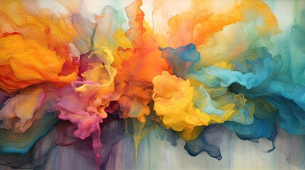 An explosion of liquid paints in a harmonious trio of colors sets the stage for this abstract masterpiece