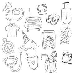 Set of doodle illustrations about vacation, sea, travel, hiking. Vector isolated illustration.