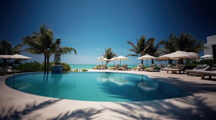 Fototapeta premium Luxurious swimming pool and loungers umbrellas near beach and sea with palm trees and blue sky, Generative AI