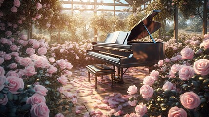Grand piano surrounded with pink roses. Generative AI