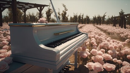 Grand piano surrounded with pink roses. Generative AI