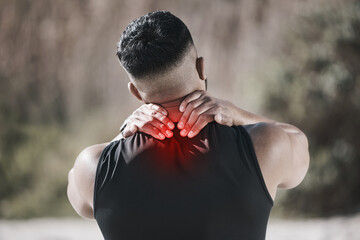Back pain, red and man for fitness or exercise injury, sports risk or muscle massage, outdoor or...