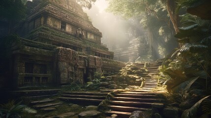 Ancient fantasy temple in the jungle. Generative AI