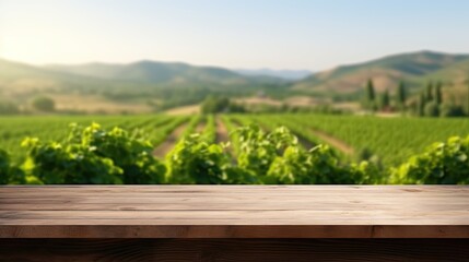 Empty wood table top with on blurred green vineyard landscape background in spring, Generative AI