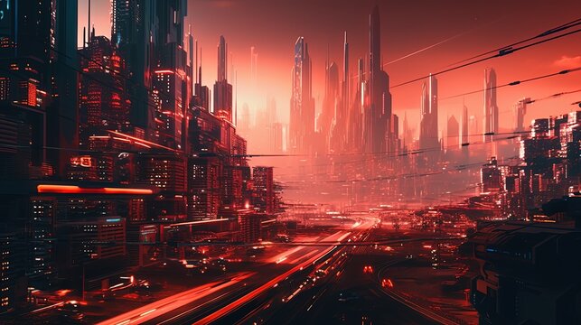 Red futuristic city. Red fantasy world. Generative AI
