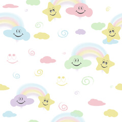 Cheerful children's seamless pattern with a rainbow, stars, clouds, emotions. For printing on fabric, wrapping paper, textiles, children's decorations