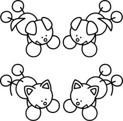 寝そべるわんまるとにゃんまるの線画セット　犬　猫