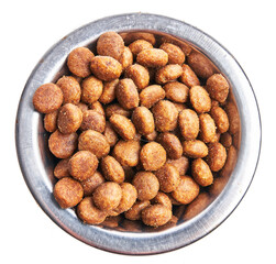  Delicious bowl of dog food balls over isolated white background
