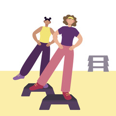 Young ladies training on fitness platforms in gym. Doing morning workout in gym. Physical activity and healthy lifestyle. Time for training indoor. Vector illustration in purple and yellow colors