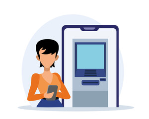 Female holding smartphone and using web banking. People engaged in modern finance management process. Business investment profit. Valuable economic resources. Vector illustration in blue colors
