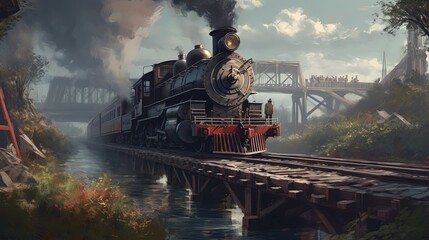 Fototapeta na wymiar Old steam train on the bridge. Generative AI