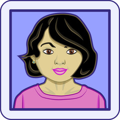 Avatar profile pic of young Asian woman with black hair and brown eyes. Vector illustration.