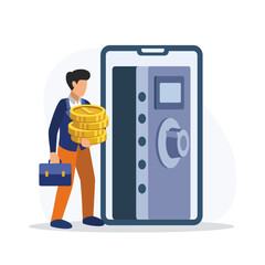 Man holding coins and puts money in safe. Modern finance management strategies. Business investment profit and valuable economic resources. Savings and deposit concept. Vector flat illustration