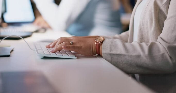 Hands of woman on keyboard in office, typing email or online report for business schedule or agenda. Internet search, planning digital checklist and receptionist working with computer at desk job.