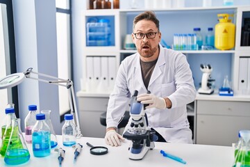 Middle age caucasian man working at scientist laboratory scared and amazed with open mouth for...