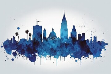 Obraz premium Blue silhouette of town. Retro. Neon. Generative AI