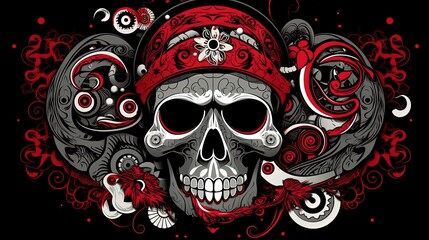 Skull and crossbones in red, black and white colors.. Generative AI
