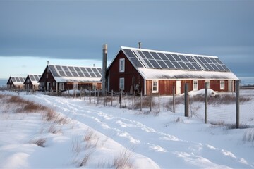 Cottages with photovoltaic cells on snowy terrain in winter