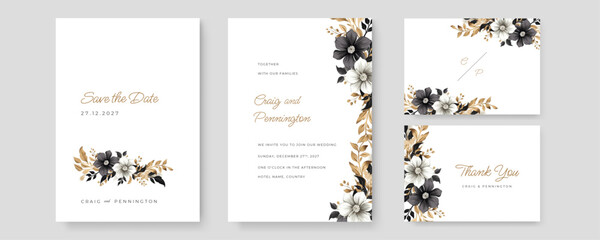Fototapeta na wymiar Vector wedding invitation template with beautiful watercolor leaf and flowers