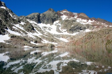 Montañas con nieve reflejadas en el agua de un lago