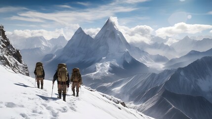 Mountaineer walking on a snowy mountain.