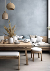 blank wall coastal beach  style interior mockup dinning room