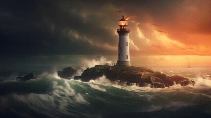 Spectacular lighthouse provide light during a large storm on the seashore.