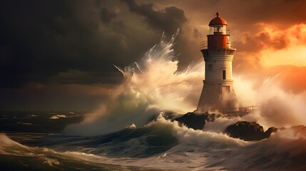 Spectacular lighthouse provide light during a large storm on the seashore.