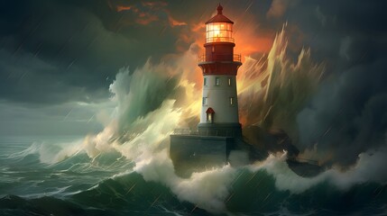 Spectacular lighthouse provide light during a large storm on the seashore.