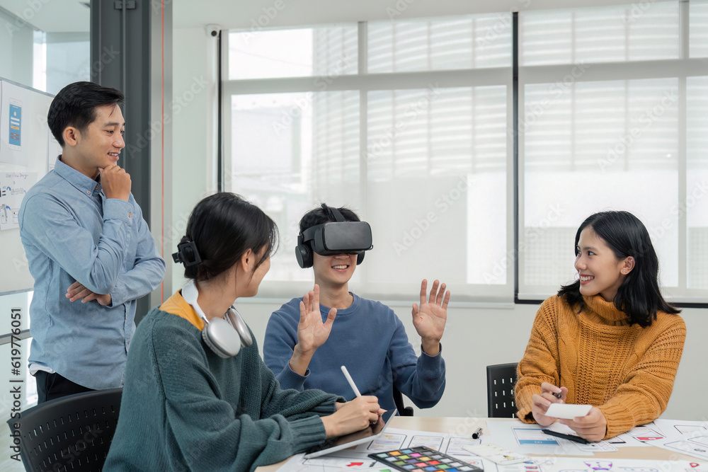 Poster diverse development team testing virtual reality headset, brainstorming on augmented reality improve