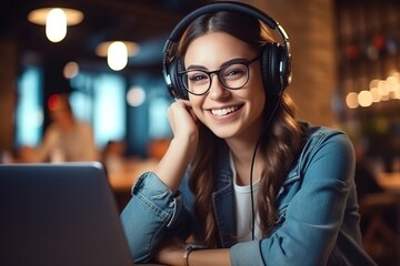 Smiling female student wearing headphones studying online using laptop at cafe.