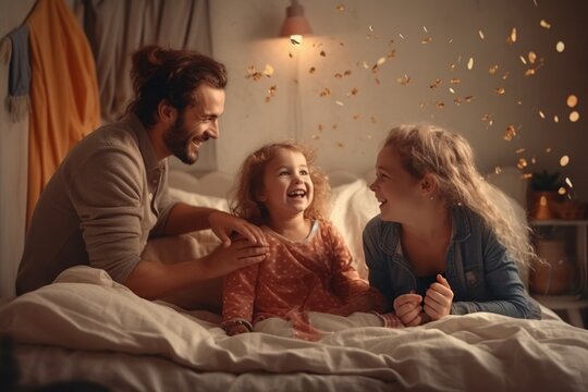 Father Having Fun With His Two Daughters On Bed In The Bedroom.