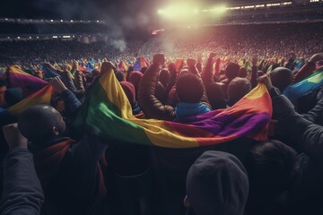 Fototapeta na wymiar Back view crowd fans with rainbow flags on stadium.
