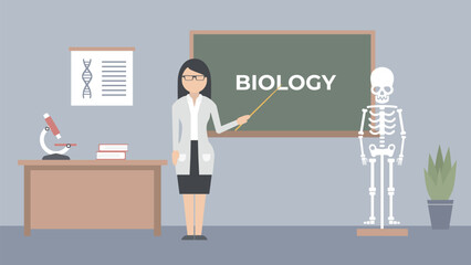 Biology lesson illustration. Anatomy class vector. The teacher at the blackboard explains the subject. Study with a skeleton and a microscope.