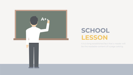 Teacher or student writes on the blackboard. Lesson in school, college or university concept.
