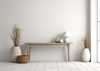 Fototapeta na wymiar blank wall coastal style interior mockup wooden table near wall with detail vignettes