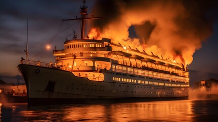 Fototapeta na wymiar fire has broken out on a cruise ship, prompting an emergency response from the crew and passengers.