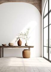 blank wall coastal  style interior mockup wooden table near wall with detail vignettes