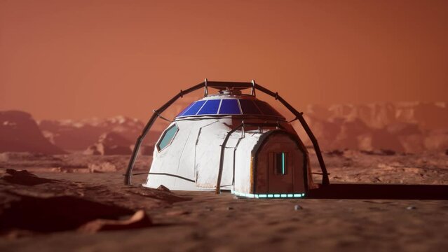 martian colony hause in desert on planete mars. Mountains rock in backgorund for futuristic video 4k animation